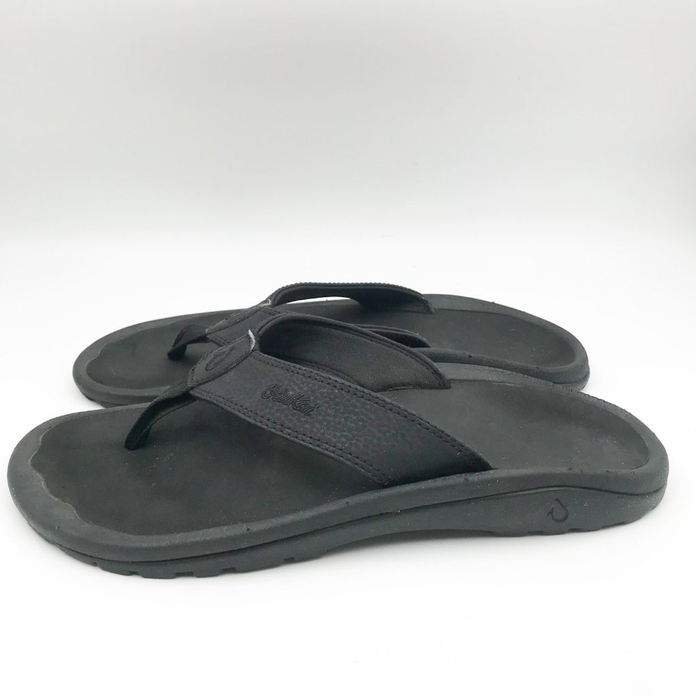 OLUKAI Black Leather Flip Flop Thong Sandals Mens 8 Womens 11 Beach Vacation - Picture 3 of 10